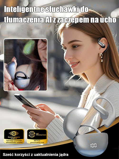 Bezprzewodowe słuchawki Bluetooth z inteligentnym tłumaczeniem AI przez przewodnictwo powietrzne.