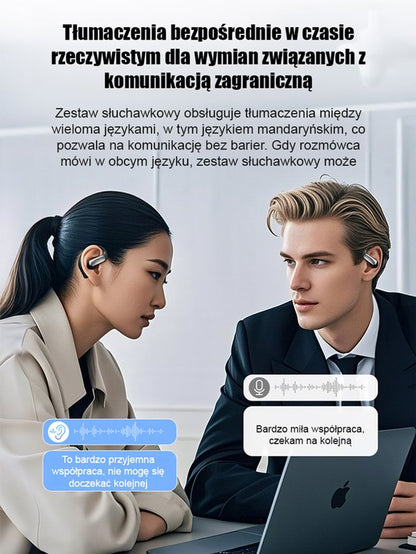 Bezprzewodowe słuchawki Bluetooth z inteligentnym tłumaczeniem AI przez przewodnictwo powietrzne.